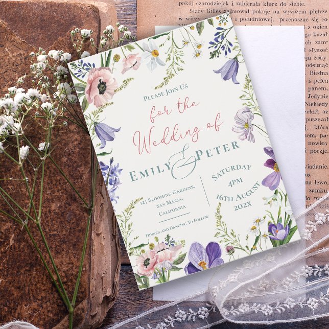 Convites Casamento bonito Púrpura de Borda Floral Rosa-Rosa (Pretty Purple Blush Pink Floral Border Wedding Invitation)