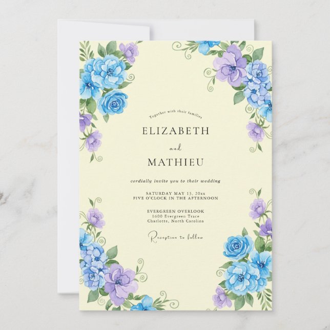 Convites Casamento Borboleta Azul Ranunculus Eucalipto (Frente)