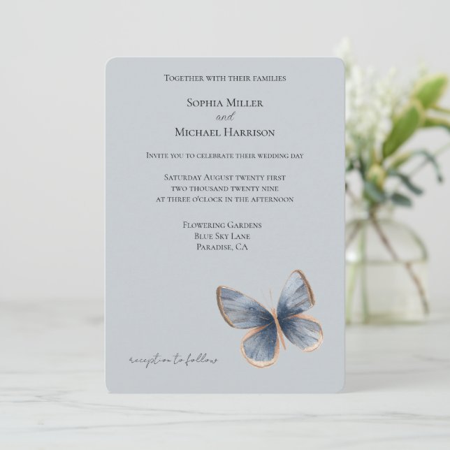 Convites Casamento Borboleta Denim Azul Falso (Em pé/Frente)