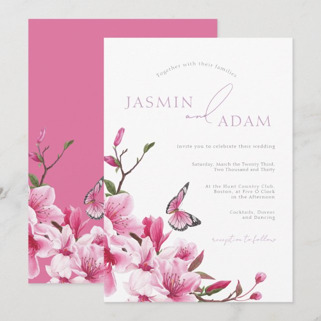 Convites Casamento Borboleta Flor de Romance Rosa (Frente/Verso)