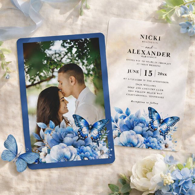 Convites Casamento Borboleta Floral Azul (Navy blue white floral and butterflies wedding invitation with photo)