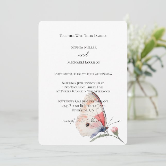 Convites Casamento Borboleta Floral Pêssego Rosa (Em pé/Frente)