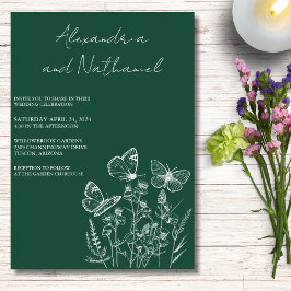 Convites Casamento Borboleta Moderno Verde Escuro e Branco