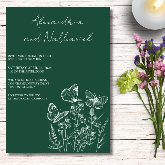 Convites Casamento Borboleta Moderno Verde Escuro e Branco  (Criador carregado)