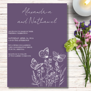 Convites Casamento Borboleta Roxo e Branco de Ámbar Moderno