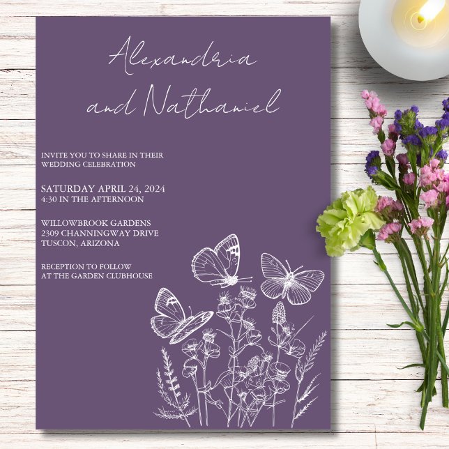 Convites Casamento Borboleta Roxo e Branco de Ámbar Moderno (Criador carregado)