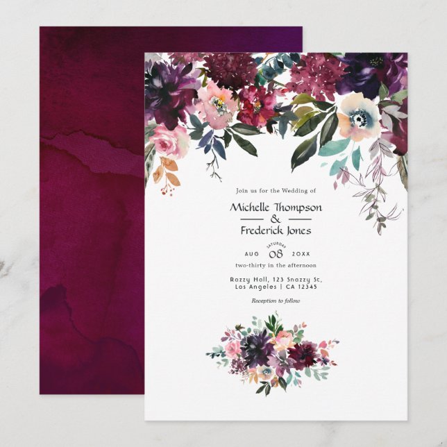 Convites Casamento Bordeaux Wine Colorways (Frente/Verso)