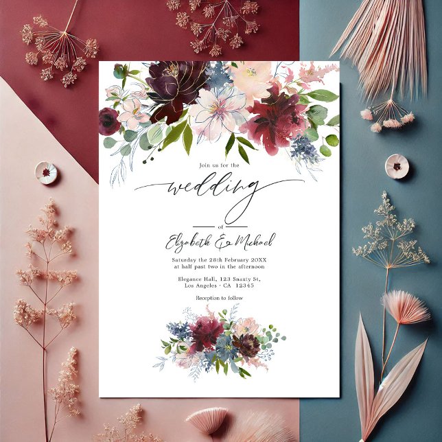 Convites Casamento Borgonha, Blush e Azul Dusty (Burgundy, Blush, and Dusty Blue Floral Wedding Invitation)