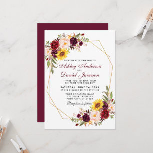 Convites Casamento Borgonha com Frame Dourado Geométrico F