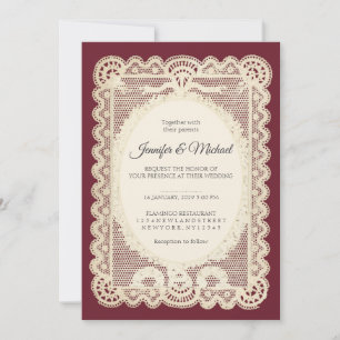 Convites Casamento Borgonha com Renda de Papel Antigo