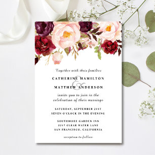 Convites Casamento Borgonha-Vermelha e Floral Rosa-Esmagado