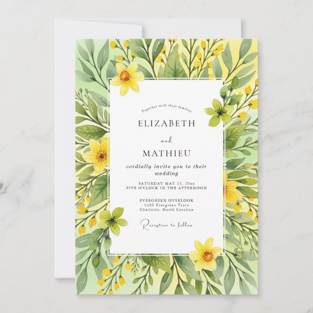 Convites Casamento Botânico Alegre Amarelo de Primavera (Frente)