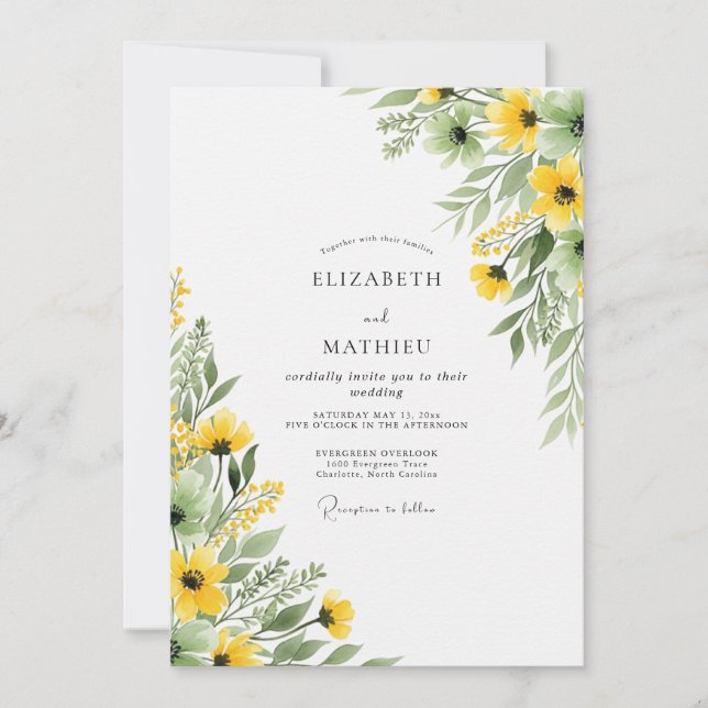 Convites Casamento Botânico Alegre de Verão Amarelo (Frente)