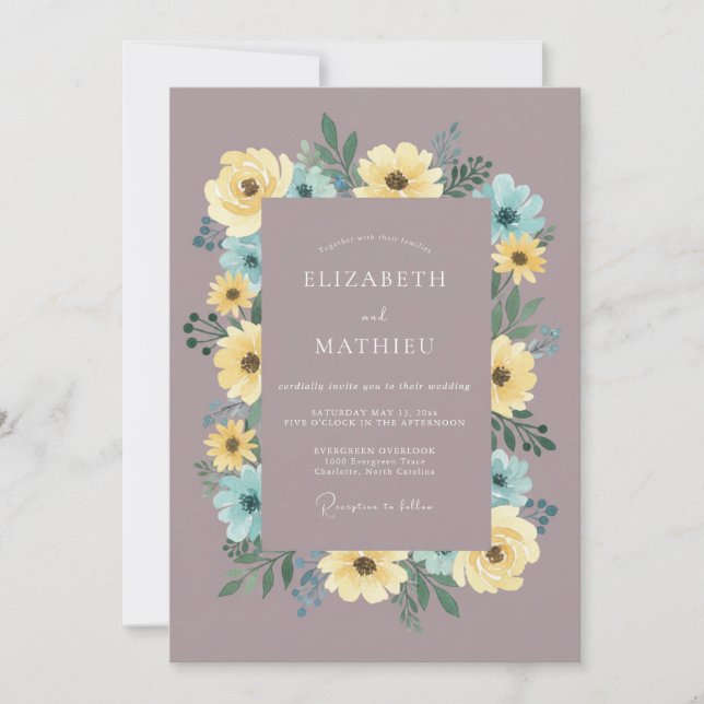 Convites Casamento Botânico Amarelo Azul Malva (Frente)