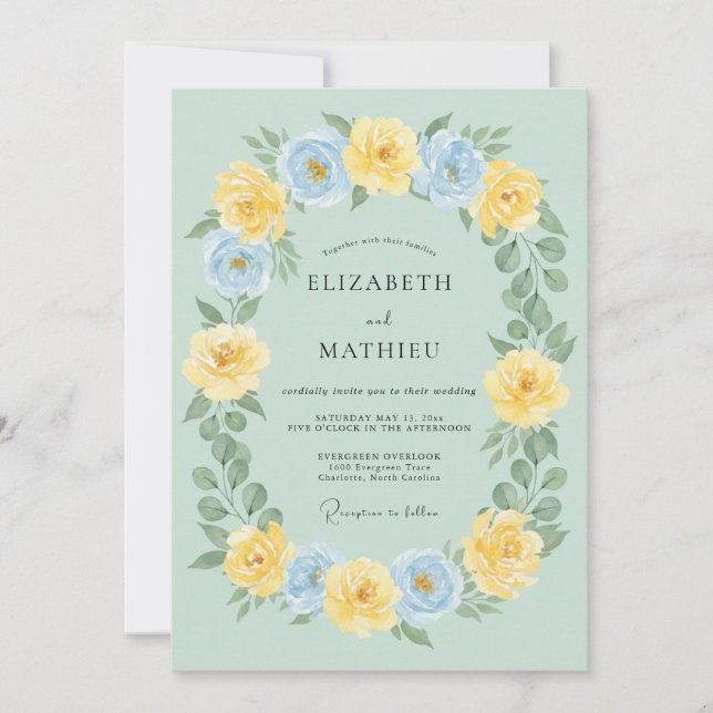 Convites Casamento Botânico Amarelo Azul Salvia (Frente)