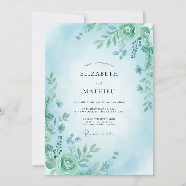 Convites Casamento Botânico Aqua Lush (Frente)