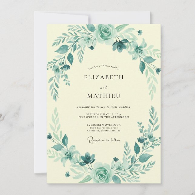 Convites Casamento Botânico Aqua Teal (Frente)