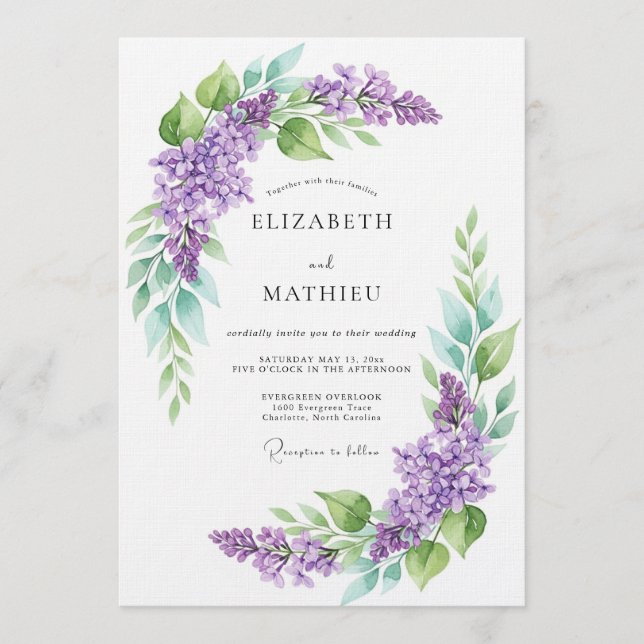 Convites Casamento Botânico Aquarela Lavanda (Frente)
