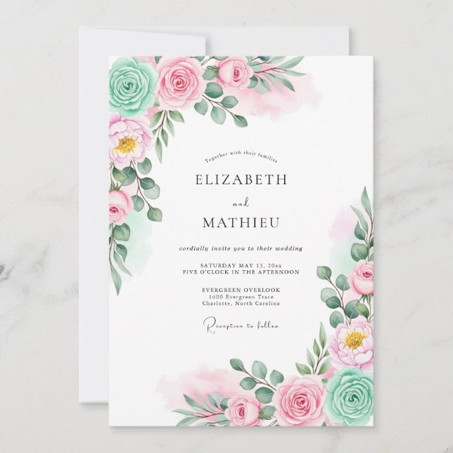 Convites Casamento Botânico Aquarela Rosa Menta (Frente)