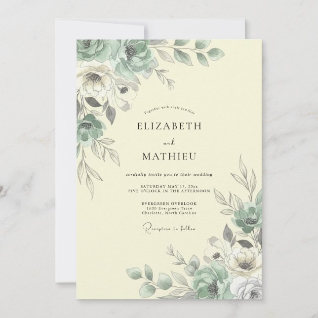 Convites Casamento Botânico Aquarela Sage (Frente)
