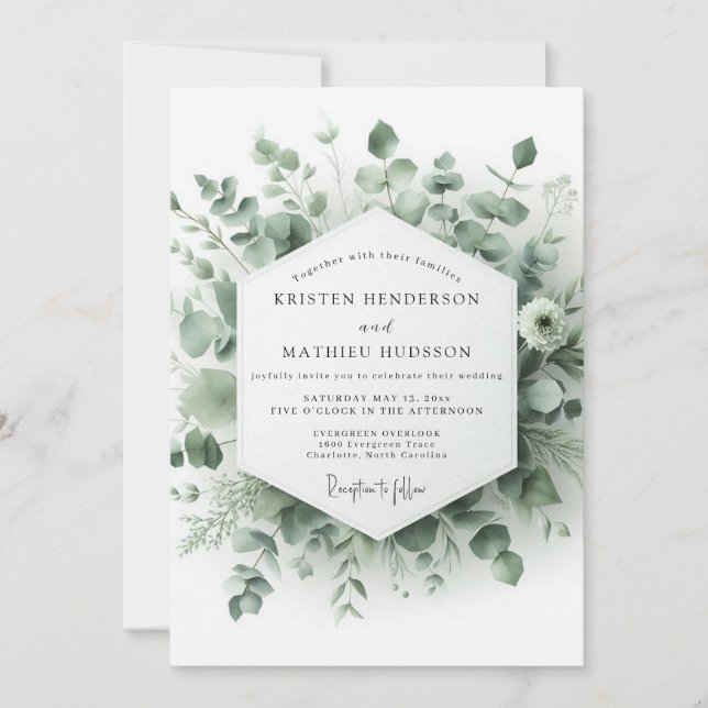 Convites Casamento Botânico Aquarela Sage (Frente)