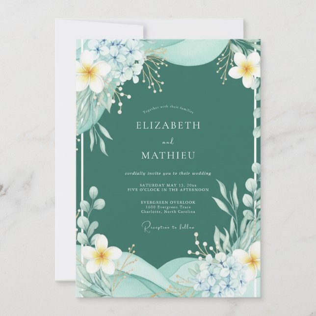 Convites Casamento Botânico Aquarela Verde Azul (Frente)