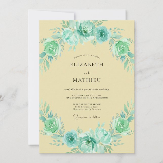 Convites Casamento Botânico Aquarela Verde Azul Menta (Frente)