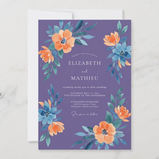 Convites Casamento Botânico Aquarela Violeta Laranja (Frente)