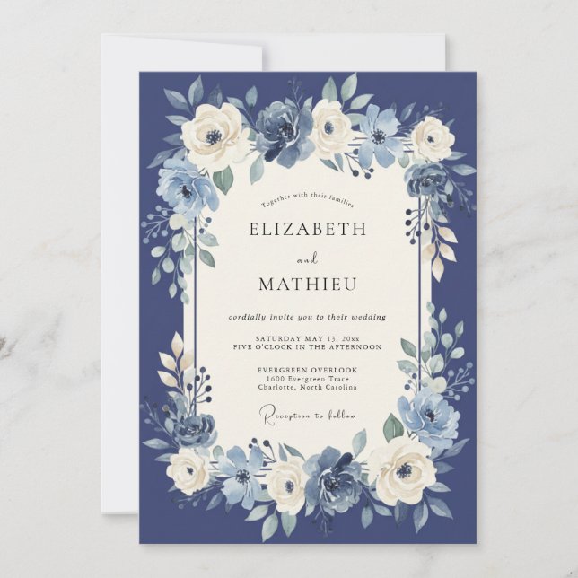 Convites Casamento Botânico Aristocrático Azul Marinho (Frente)