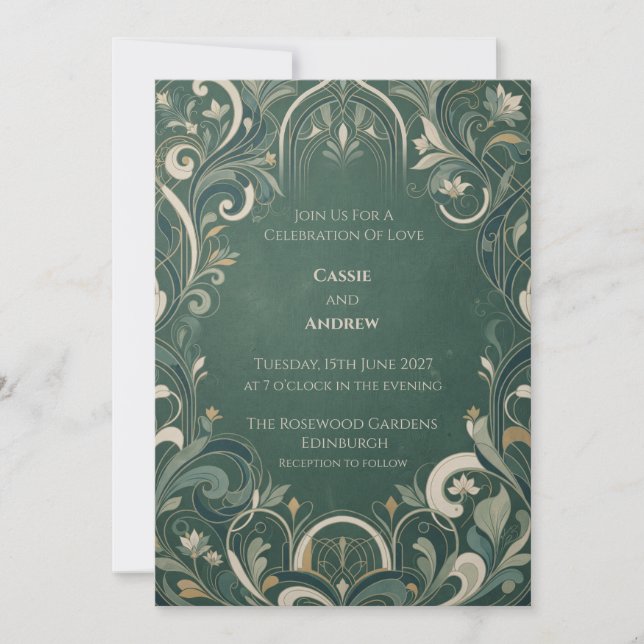 Convites Casamento Botânico Art Déco Esmeralda (Frente)