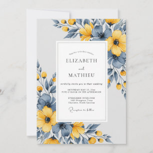 Convites Casamento Botânico Artístico Azul Ardesia