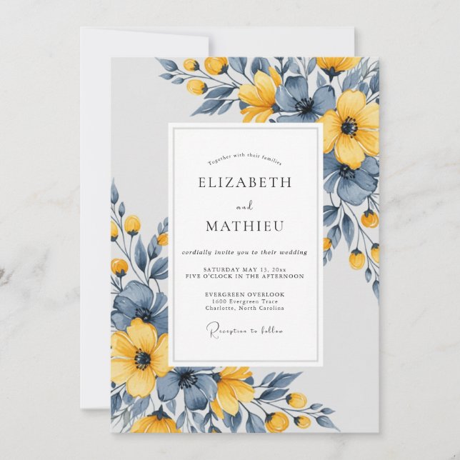 Convites Casamento Botânico Artístico Azul Ardesia (Frente)