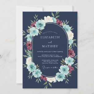 Convites Casamento Botânico Artístico Azul Marinho