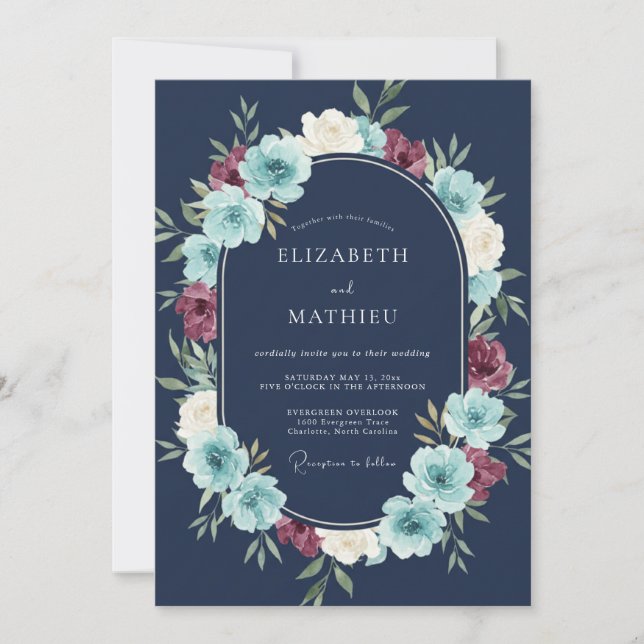 Convites Casamento Botânico Artístico Azul Marinho (Frente)