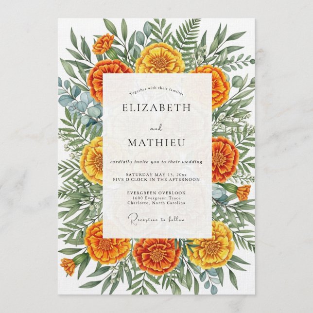 Convites Casamento Botânico Artístico de Marigold (Frente)