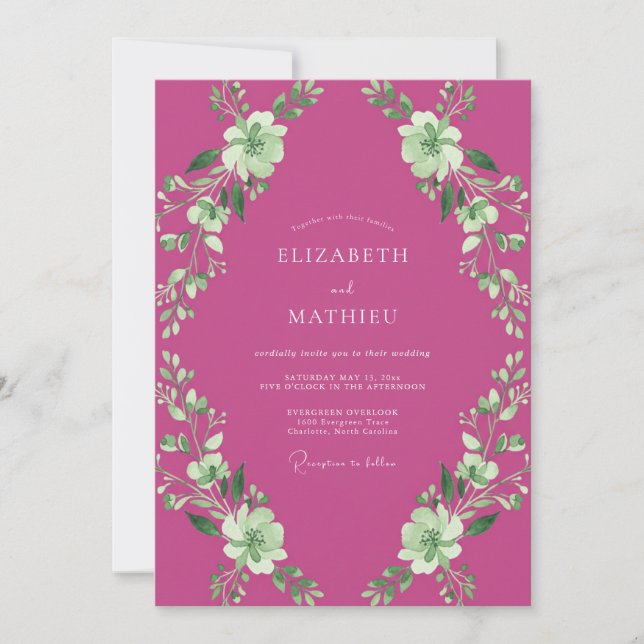 Convites Casamento Botânico Artístico Magenta (Frente)