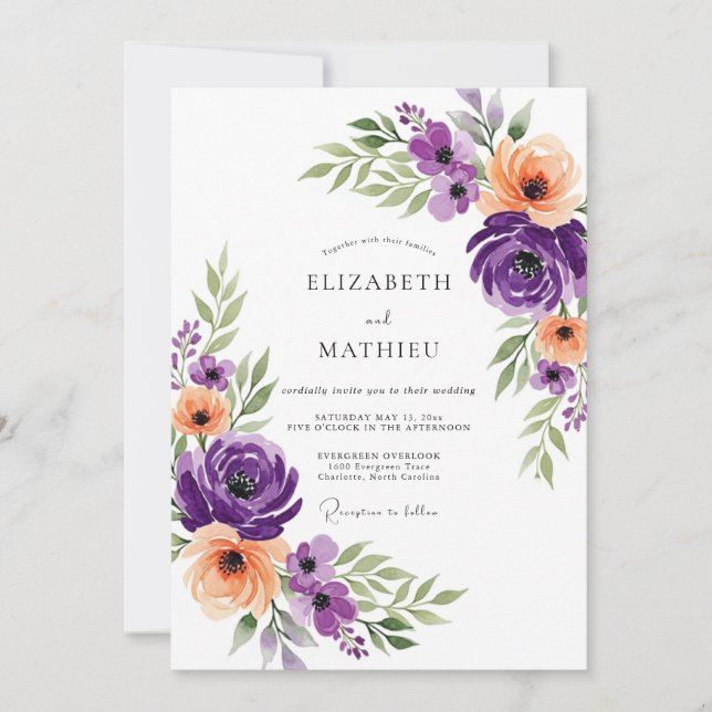 Convites Casamento Botânico Artístico Roxo (Frente)