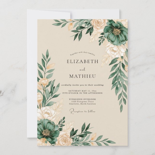 Convites Casamento Botânico Artístico Verde Caçador (Frente)