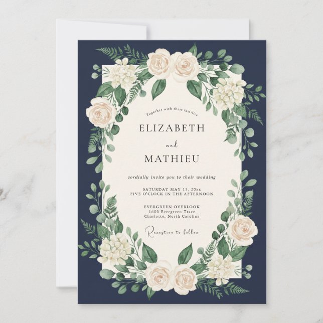 Convites Casamento Botânico Atemporal Azul Marinho (Frente)