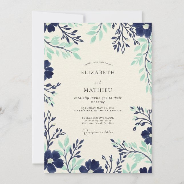 Convites Casamento Botânico Atemporal Navy Seafoam (Frente)