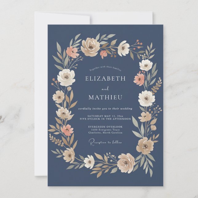 Convites Casamento Botânico Atmosférico Azul Marinho (Frente)