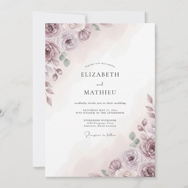 Convites Casamento Botânico Atmosférico Rosa Malva (Frente)