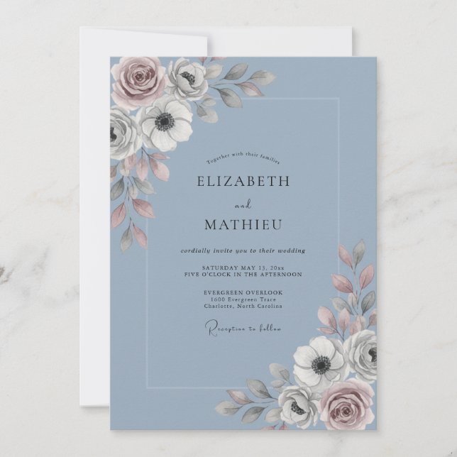 Convites Casamento Botânico Azul Ardesia Suave (Frente)