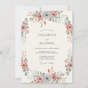 Convites Casamento Botânico Azul Ardósia Rosa Suave