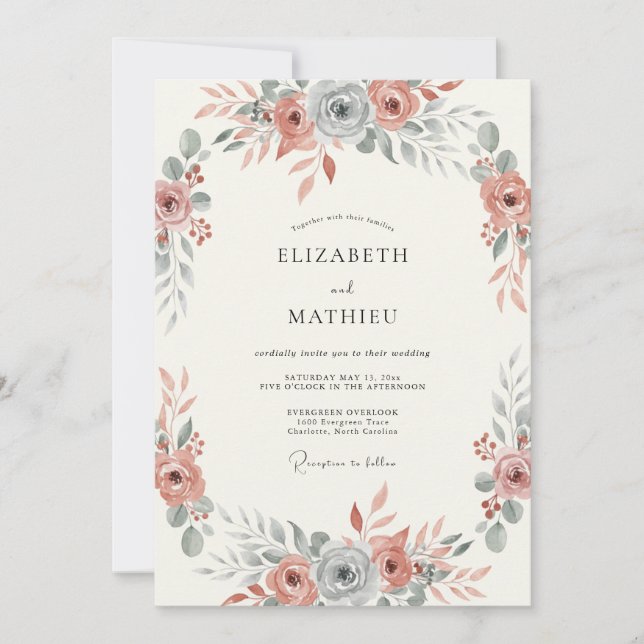 Convites Casamento Botânico Azul Ardósia Rosa Suave (Frente)