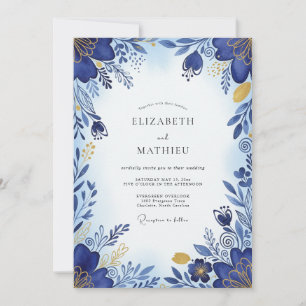 Convites Casamento Botânico Azul Cobalto Brilhante