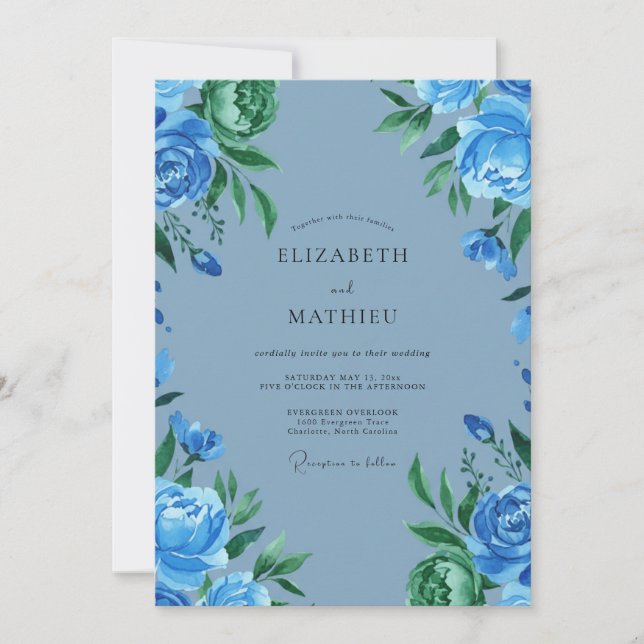 Convites Casamento Botânico Azul Cobalto Vibrante (Frente)