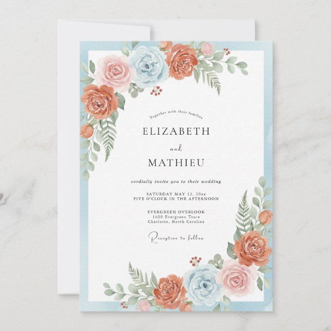Convites Casamento Botânico Azul Coral Elegante (Frente)