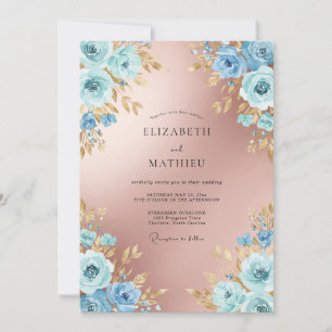 Convites Casamento Botânico Azul Elegante em Rose Gold
