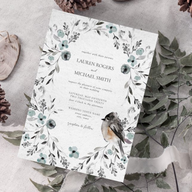 Convites Casamento Botânico Azul Estofado De Inverno (Winter Wedding Invitation)